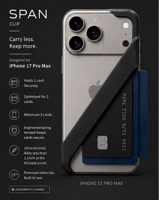 SPAN Clip product concept attached to iPhone with cards