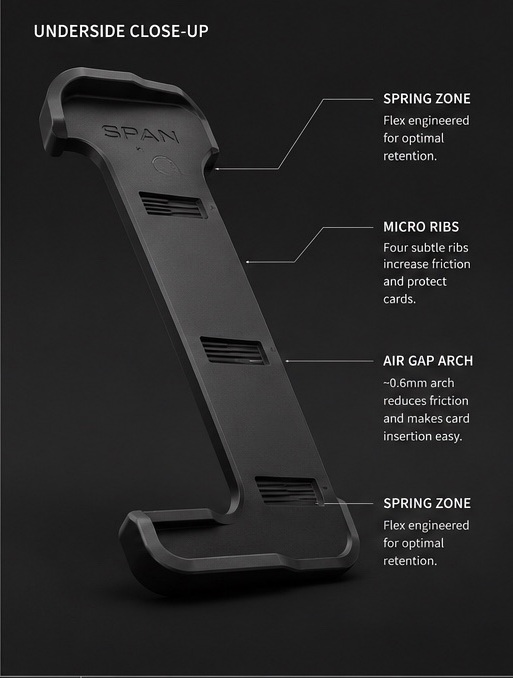 Underside close-up of SPAN Clip showing spring zones and micro ribs
